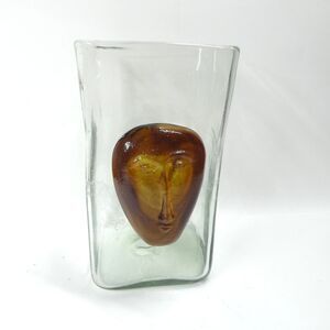 Eric Hoglund Kosta Boda Face Vase Amber Brown Clear Art Glass Vintage MCM